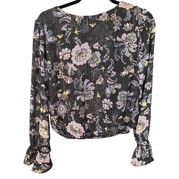 Blue Rain Womens Wrap Style Top Sz L Black Floral Sheer Poet Sleeve Dark Romance - Picture 2 of 11